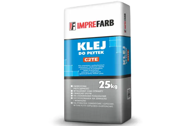 Imprefarb Klej do płytek C2TE, 25kg. Idealny klej do gresu, terakoty, klinkieru, na ogrzewanie podłogowe, z zewnątrz i wewnątrz.